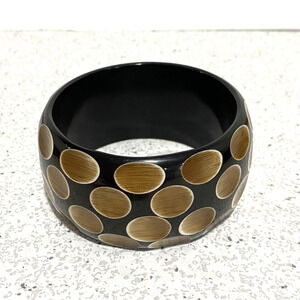 Bangle Bracelet Carved Black & Brown Wide Thick Chunky 1980's Boho Vintage